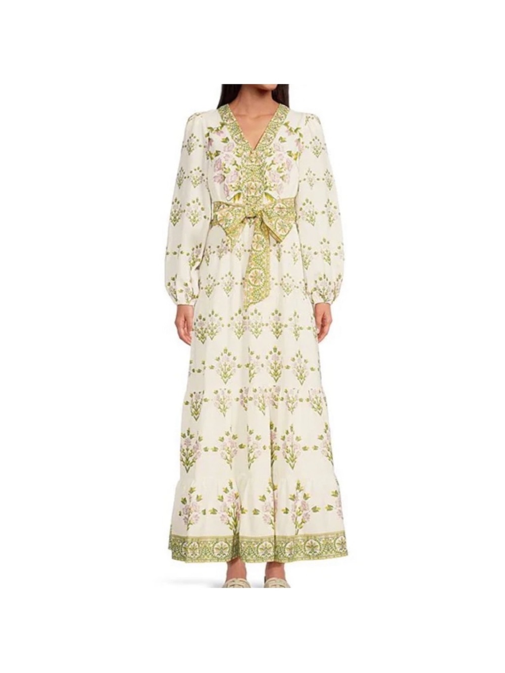 A Loves A Floral Printed long sleeve v neck bow waist maxi dress
